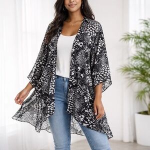 Monochrome Floral Animal Print Kimono | Open Front Duster